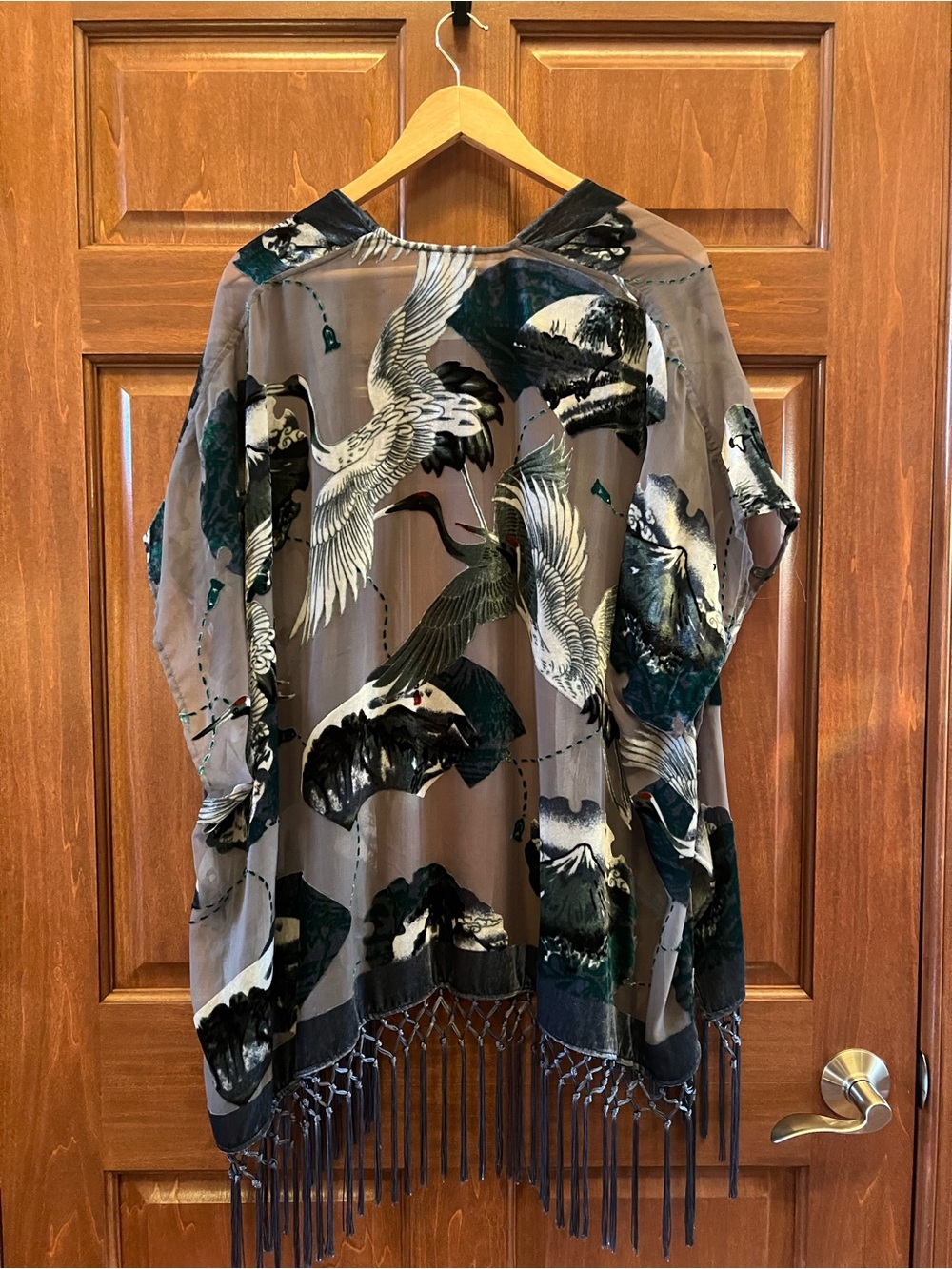 Chico's Kimono Burnout Velvet Open Front with Fringe Green Grey Size S/M - Picture 9 of 17